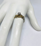 Vintage NOS 1960's 14 Karat White and Yellow Gold Genuine Diamond Floral Motif with Enameled Leaves Ladies Solitaire Ring by COSMIC