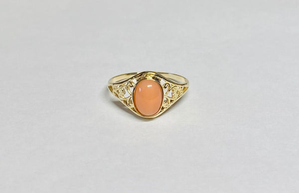 10K Yellow Gold Oval 8mm x 6mm Genuine Coral Dainty Filigree Ring