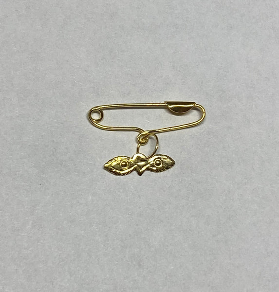 14K Yellow Gold Baby Safety Pin with Saint Lucy Eyes "Ojos de Santa Lucia" Charm