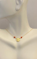 10 Karat Yellow Gold Genuine Red Coral Angel Cherub Medal 17" Necklace