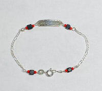 Sterling Silver Genuine Azabache Jet & Coral "Dios Me Bendiga" Plaque Figaro Link 6" Baby Bracelet