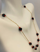 14 Karat Yellow Gold and Genuine 5mm Azabache Jet/Red Coral 16" Cable Link Necklace