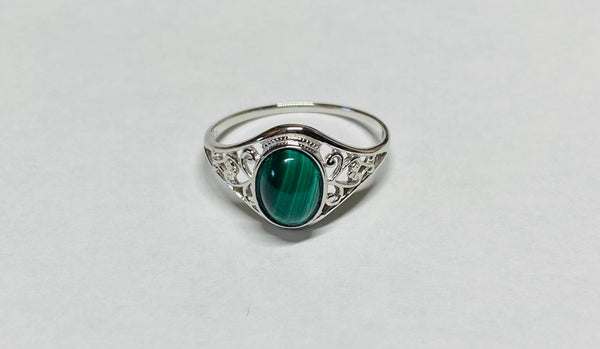 Sterling Silver Genuine Oval Cab 8mm x 6mm Malachite Dainty Filigree Ladies Ring