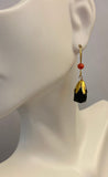 14 Karat Yellow Gold Genuine 10mm Azabache Jet and Coral Dangle Earrings