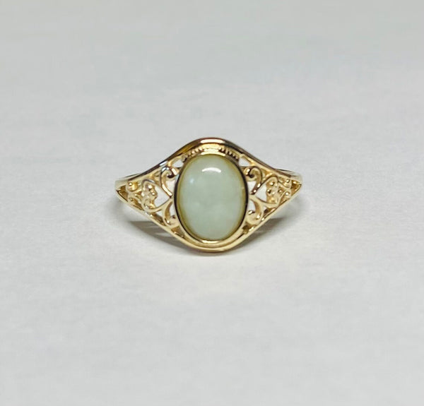 10K Yellow Gold Oval 8mm x 6mm Genuine Jade Dainty Filigree Ring