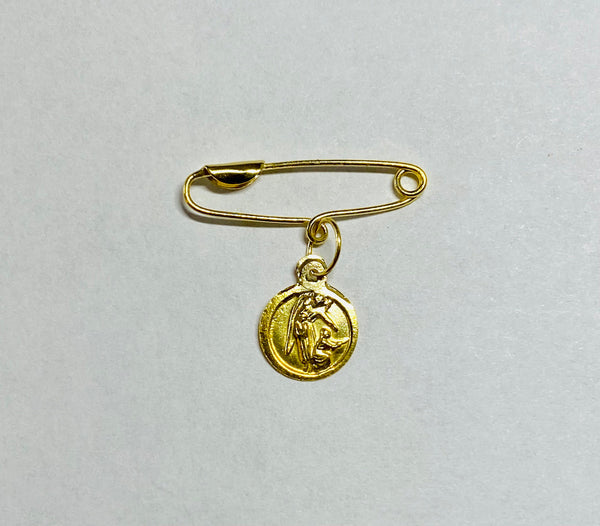 14K Yellow Gold Baby Safety Pin with Angel de la Guardia "Guardian Angel" Medal