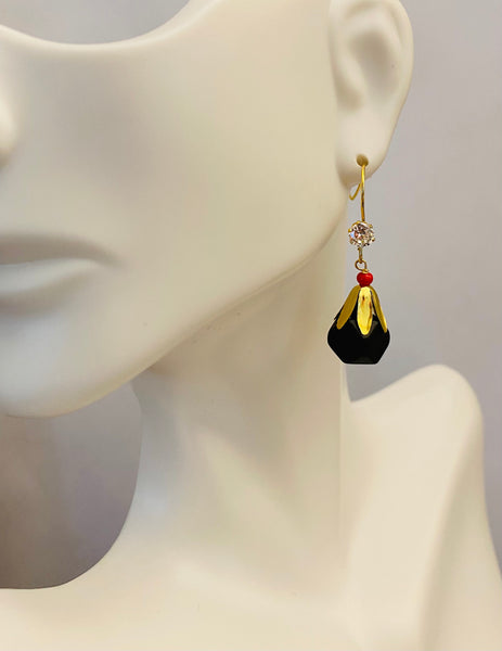 14 Karat Yellow Gold Genuine 10mm Azabache Jet and Coral with CZ Dangle Earrings