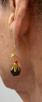 14 Karat Yellow Gold Genuine 10mm Azabache Jet and Coral with CZ Dangle Earrings