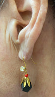 14 Karat Yellow Gold Genuine 10mm Azabache Jet and Coral with CZ Dangle Earrings