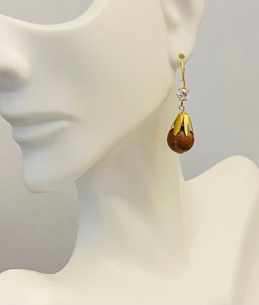 14 Karat Yellow Gold 10mm Brown Goldstone "Venturina" with CZ Dangle Earrings