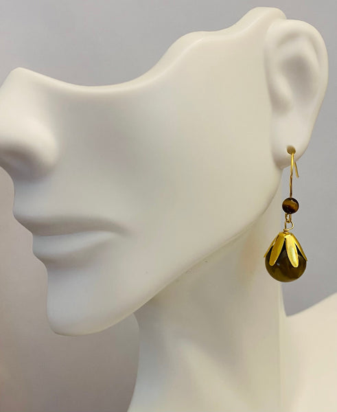 14 Karat Yellow Gold Genuine 10mm Brown Tiger's Eye Dangle Earrings