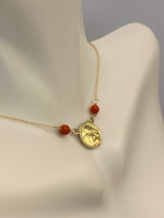 10 Karat Yellow Gold Genuine Red Coral Angel Cherub Medal 17" Necklace