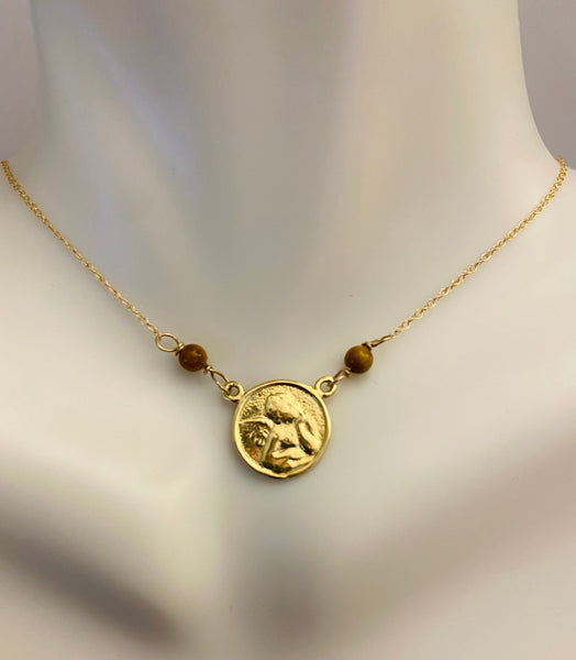 10 Karat Yellow Gold Genuine Tiger's Eye Angel Cherub Medal 17" Necklace