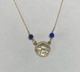 10 Karat Yellow Gold Genuine Lapis Lazuli Angel Cherub Medal 17" Necklace