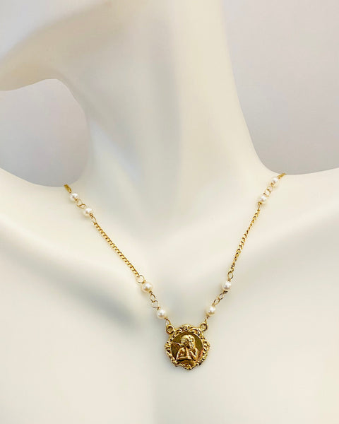 Vintage NOS 1980's 14K Yellow Gold Angel Cherub 17" Necklace with Freshwater Pearls