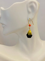 14 Karat Yellow Gold Genuine 10mm Azabache Jet and Coral Dangle Earrings