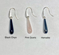 Sterling Silver and Genuine Gemstone 6 x 20mm Teardrop Dangle Earrings (Black Onyx-Pink Quartz-Hematite)