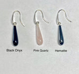 Sterling Silver and Genuine Gemstone 6 x 20mm Teardrop Dangle Earrings (Black Onyx-Pink Quartz-Hematite)