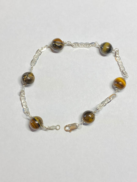 Sterling Silver and Genuine 8mm Tiger's Eye Beads Diamond Cut Flat Anchor Link 8" Bracelet