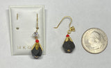 14 Karat Yellow Gold Genuine 10mm Azabache Jet and Coral with CZ Dangle Earrings