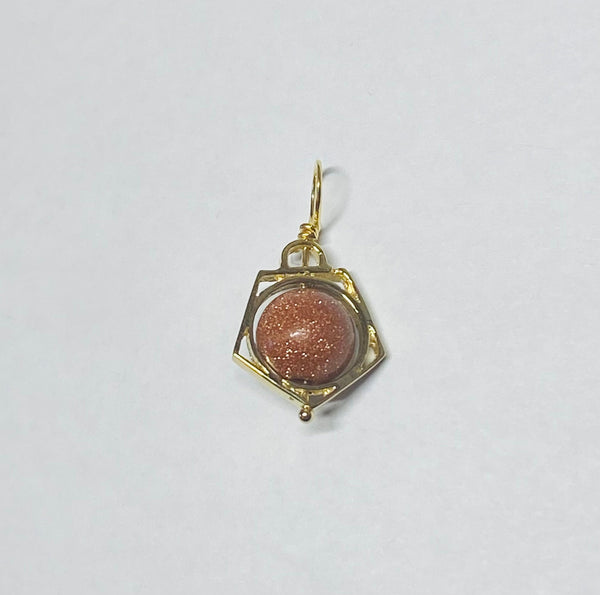 Vintage NOS 1960's 18 Karat Yellow Gold and 7mm Goldstone "Venturina" Spinner Pentagon Charm