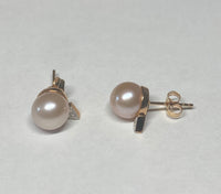 Vintage NOS 10K Rose Gold Signed IPS China 8mm Pink Freshwater Pearl and Diamond Stud Earrings