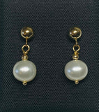 14 Karat Yellow Gold Ball with 7mm Freshwater Pearl Dangling Post Earrings