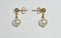 14 Karat Yellow Gold Ball with 7mm Freshwater Pearl Dangling Post Earrings