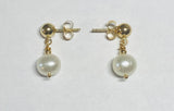 14 Karat Yellow Gold Ball with 7mm Freshwater Pearl Dangling Post Earrings