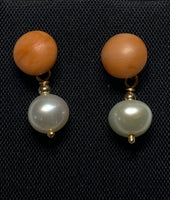 Vintage 14 Karat Yellow Gold Genuine Pink Coral and Freshwater Pearl Dangle Post Earrings