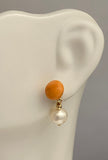 Vintage 14 Karat Yellow Gold Genuine Pink Coral and Freshwater Pearl Dangle Post Earrings