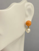 Vintage 14 Karat Yellow Gold Genuine Pink Coral and Freshwater Pearl Dangle Post Earrings