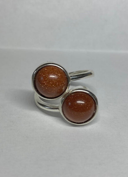 Sterling Silver and 10mm Brown Goldstone "Venturina" Bypass Ladies Statement Ring