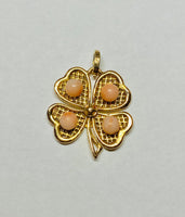 Vintage Estate Sale 18 Karat Yellow Gold and Genuine Pink Coral Four Leaf Clover Pendant