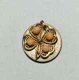 Vintage Estate Sale 18 Karat Yellow Gold and Genuine Pink Coral Four Leaf Clover Pendant