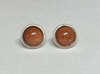 Sterling Silver and 10mm Brown Goldstone "Venturina" Cabochon Beaded Edge Bezel-set Post Earrings