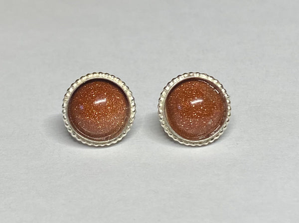 Sterling Silver and 10mm Brown Goldstone "Venturina" Cabochon Beaded Edge Bezel-set Post Earrings