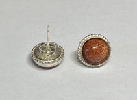 Sterling Silver and 10mm Brown Goldstone "Venturina" Cabochon Beaded Edge Bezel-set Post Earrings