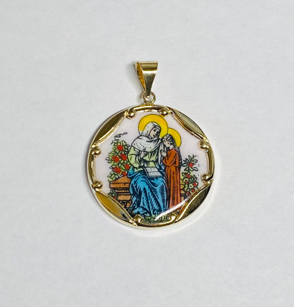 Vintage NOS 10K Yellow Gold Enameled Saint Anne "Santa Ana" 23.7mm Round Medal