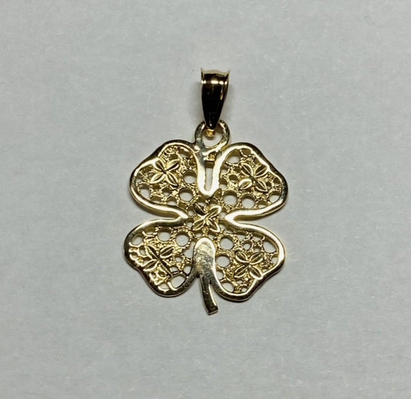 14 Karat Yellow Gold Filigree Four Leaf Lucky Clover Charm