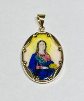 Vintage NOS 10K Enameled Saint Lucy & Sacred Heart 25mm x 20mm Oval Scapular Medal