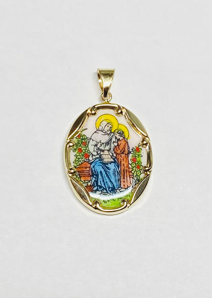 Vintage NOS 10K Yellow Gold Enameled Saint Anne "Santa Ana" 25mm x 20mm Oval Medal