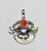 Sterling Silver and Genuine Coral Crab Pendant