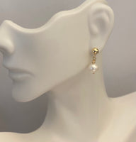 14 Karat Yellow Gold Ball with 7mm Freshwater Pearl Dangling Post Earrings