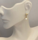 14 Karat Yellow Gold Ball with 7mm Freshwater Pearl Dangling Post Earrings