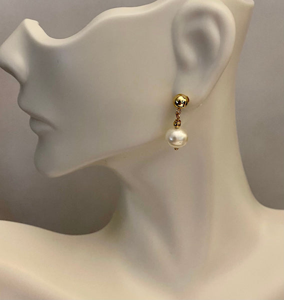 14 Karat Yellow Gold Ball with 7mm Freshwater Pearl Dangling Post Earrings