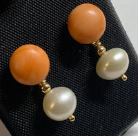 Vintage 14 Karat Yellow Gold Genuine Pink Coral and Freshwater Pearl Dangle Post Earrings