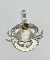 Sterling Silver and Genuine 6mm Tiger's Eye Crab Pendant with Textured Finish