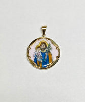 Vintage NOS 10K Yellow Gold Enameled Saint Joseph "San Jose" 23.7mm Round Medal