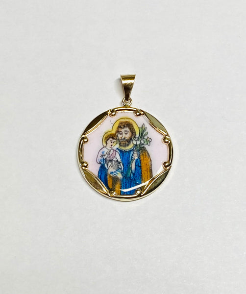 Vintage NOS 10K Yellow Gold Enameled Saint Joseph "San Jose" 23.7mm Round Medal